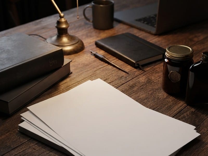 A wooden desk with a stack of blank white sheets of paper in the foreground, alongside books, a pen, a notebook, an amber glass jar, a lamp, a mug, and a laptop.